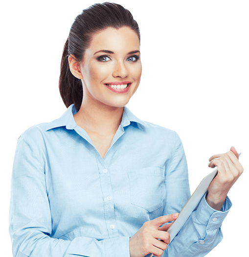 Smiling woman holding a tablet and pen, dressed in a light blue shirt. Smiling woman holding a tablet and pen, dressed in a light blue shirt.